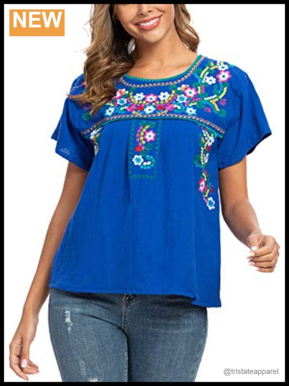 Women's Embroidered Mexican Peasant Blouse Short Sleeve Cotton Summer Top